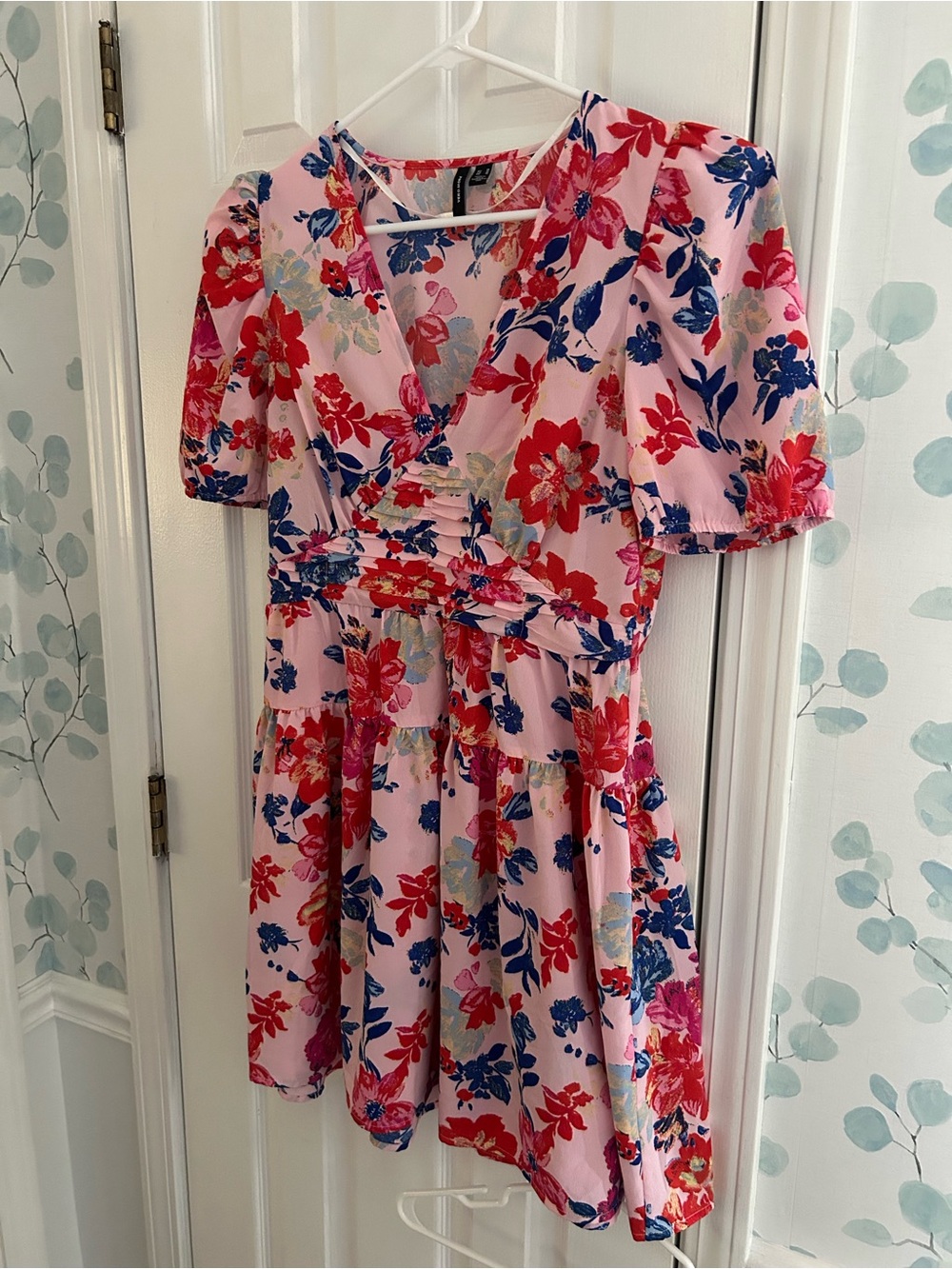 Vero Moda Pink Floral Mini Dress with Red & Blue Blooms